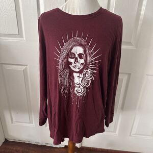 Torrid Size 1/1X Burgundy Skull Rose Graphic T Shirt Long Sleeve Top Gothic
